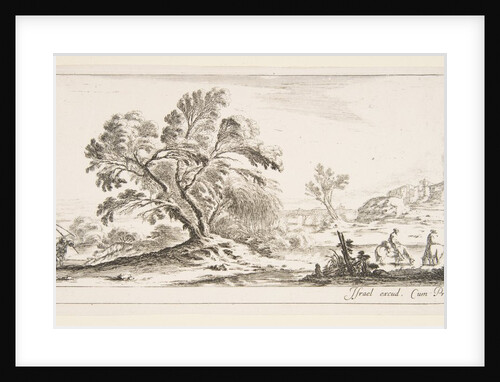 Plate 6: a fisherman carrying a net to left, two horsemen in a stream to right, a tree…, ca. 1641 by Stefano della Bella