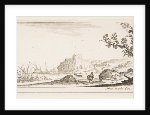 Plate 7: various boats on shore to left, a man carrying a bag, seen from behind and wa…, ca. 1641 by Stefano della Bella