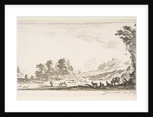 Plate 11: shepherdess seated to the right under a tree, watching her flock to the left…, ca. 1641 by Stefano della Bella