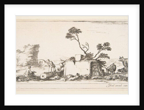 Plate 12: a seated draughtsman to left, a standing shepherd next to him to right, ruin…, ca. 1641 by Stefano della Bella