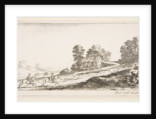 Plate 9: two horsemen at left galloping uphill towards the right, a horse and seated m…, ca. 1641 by Stefano della Bella