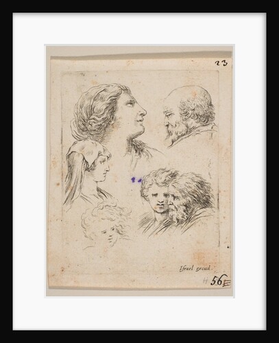Plate 9: five heads, two young women at left, a bearded man at upper right, a young wo…, ca. 1649 by Stefano della Bella