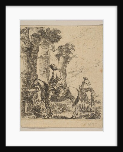 Plate 19: Landscape with a Cavalier Watering His Horse at a Fountain, from 'Various fi…, ca. 1646 by Stefano della Bella