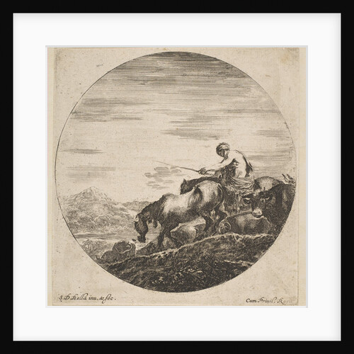 Herdsman on horseback drives animals, from 'Six animal subjects', ca. 1646 by Stefano della Bella