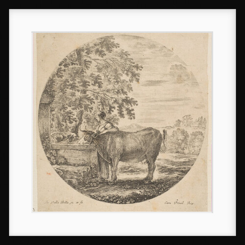 A peasant woman with a cow at a fountain decorated with the Medici arms, from 'Six ani…, ca. 1646 by Stefano della Bella