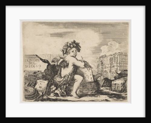 Plate 1: the genius of drawing, a child with wings, seated on a rock in center turn…, ca. 1641-43 by Stefano della Bella