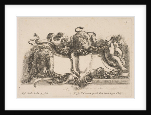 Cartouche Containing an Empty Shield Surmounted by a Lion and Framed by a Lion and a Child, 1646 by Stefano della Bella