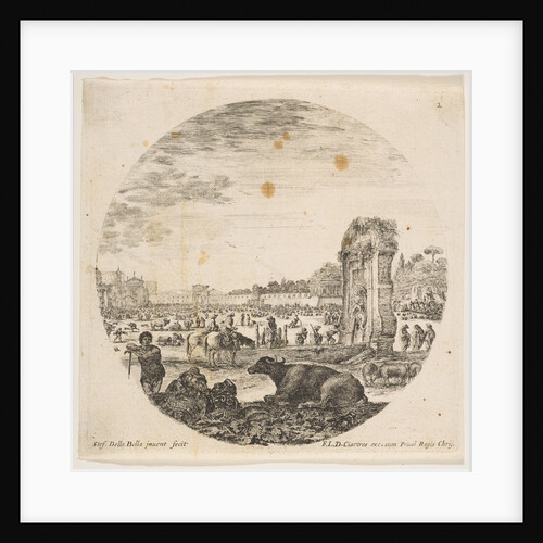 Plate 2: Campo Vaccino, a buffalo and two shepherds in center, the Fontanone to right …, ca. 1646 by Stefano della Bella