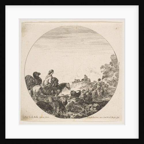 Plate 5: a woman carrying a child on a horse at left, a camel following her, a herd of…, ca. 1646 by Stefano della Bella