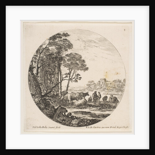 Plate 4: a Corinthian capital on the ground at left, a monument with figures in low re…, ca. 1646 by Stefano della Bella