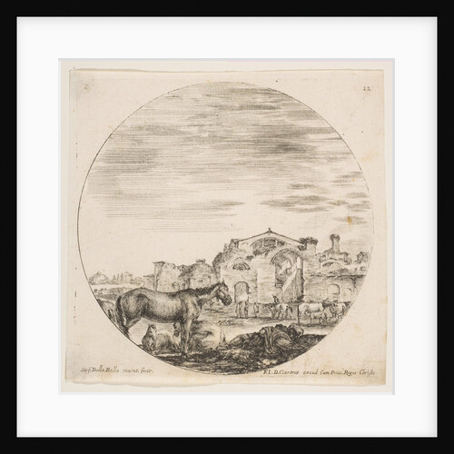 Plate 12: a shepherd sleeping on the ground at right, three horses at left, other hors…, ca. 1646 by Stefano della Bella