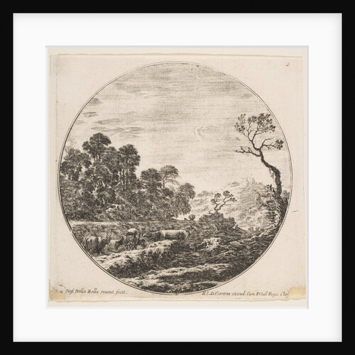 Plate 6: cows crossing a valley at left, a horseman and other cows in the background…, ca. 1646 by Stefano della Bella
