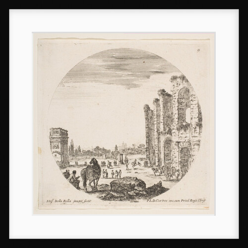 Plate 9: the Arch of Constantine at left, part of the Colosseum at right, various hors…, ca. 1646 by Stefano della Bella