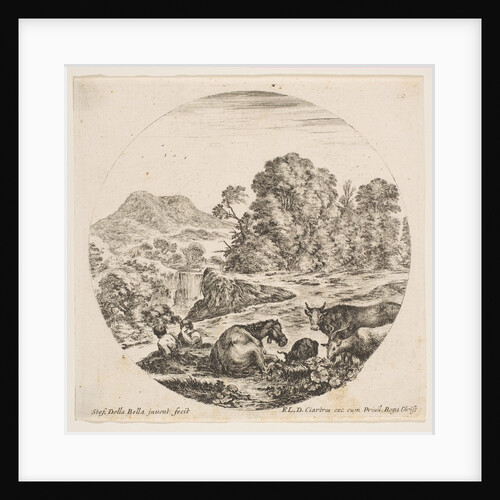 Plate 10: a horse lying down at center, a cow and two goats at right, two seated sheph…, ca. 1646 by Stefano della Bella