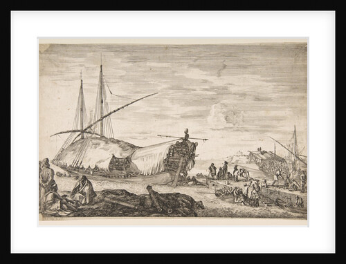 A galley covered in sails to left, six cannons and four people to left in foreground, one …, 1655 by Stefano della Bella
