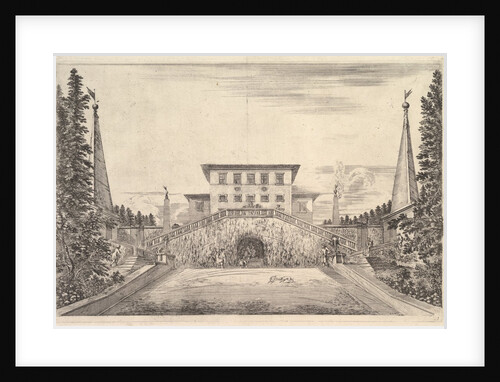 The villa at center flanked by four obelisks, a staircase to either side, a statue in …, ca. 1653 by Stefano della Bella