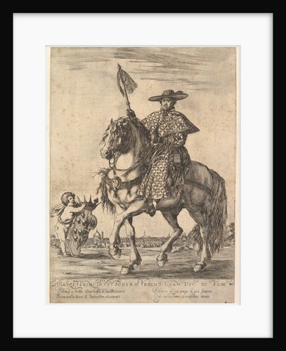 Bernardino Ricci, called il Tedeschino, atop a horse in center, riding towards the left, w…, 1637 by Stefano della Bella