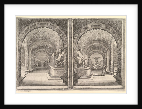 Two views of a grotto, both views with a fountain with a seated statue, seen from the …, ca. 1653 by Stefano della Bella