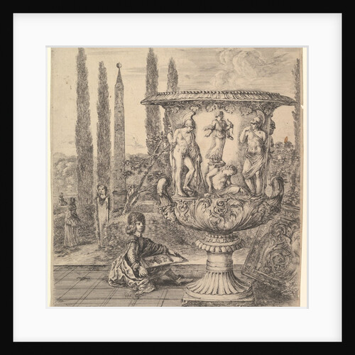 The Medici vase, a large vase to right decorated with a representation of the sacrifice of…, 1656 by Stefano della Bella