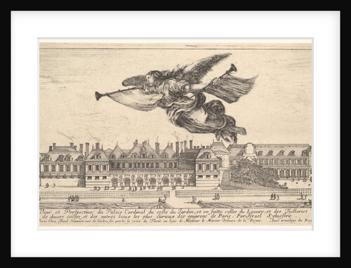 View of the Palais Cardinal, the figure of Fame at top center flying towards the left a…, 1649-51 by Stefano della Bella