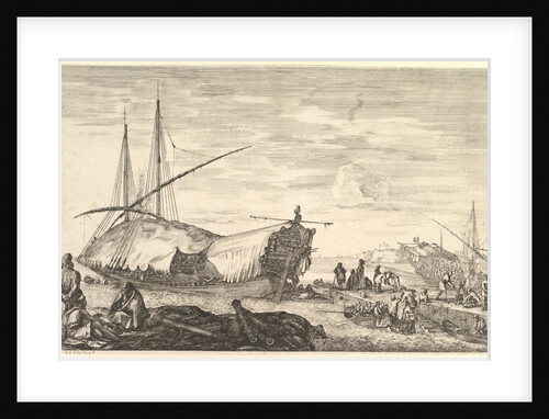 A galley covered in sails to left, six cannons and four people to left in foregroun…, ca. 1652-57 by Stefano della Bella