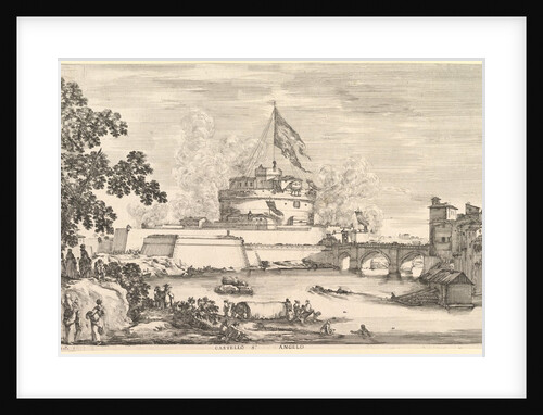 View of the Tiber river, a large tree to left, two groups of women to left in the fore…, ca. 1656 by Stefano della Bella