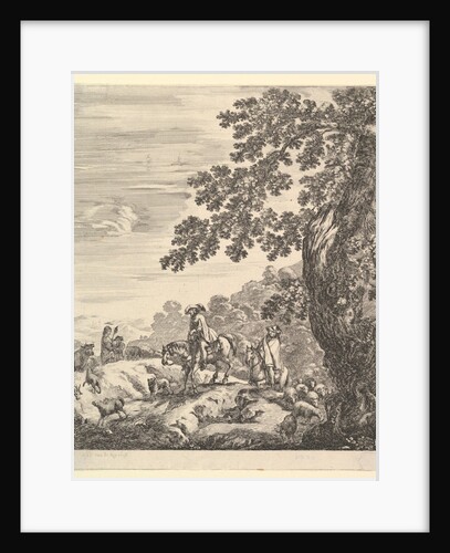 Two horsemen pass a flock, riding towards the left, a peasant woman and a young boy to…, ca. 1656 by Stefano della Bella