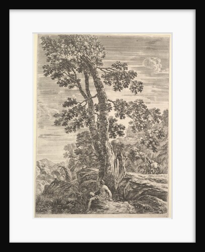 A fisherman at center facing left and leaning against a large tree, a woman walking…, ca. 1652-57 by Stefano della Bella