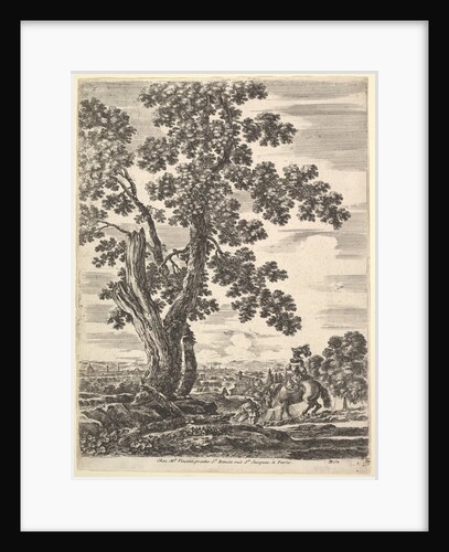 A woman on horseback seen from behind descending a hill to the right, a large tree …, ca. 1652-57 by Stefano della Bella
