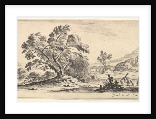 Plate 6: a fisherman carrying a net to left, two horsemen in a stream to right, a tree…, ca. 1641 by Stefano della Bella