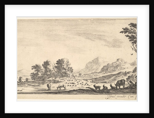 Plate 11: shepherdess seated to the right under a tree, watching her flock to the left…, ca. 1641 by Stefano della Bella