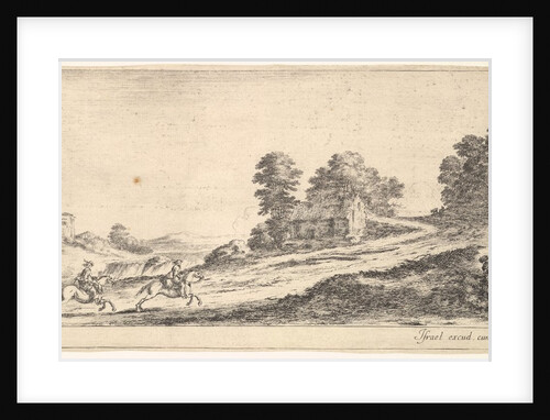 Plate 9: two horsemen at left galloping uphill towards the right, a horse and seated m…, ca. 1641 by Stefano della Bella