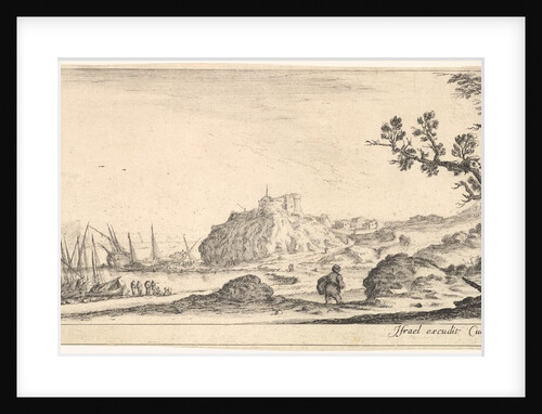 Plate 7: various boats on shore to left, a man carrying a bag, seen from behind and wa…, ca. 1641 by Stefano della Bella