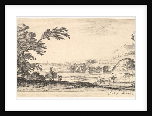 Plate 3: two horsemen crossing a river to right, a woman with two baskets atop a donke…, ca. 1641 by Stefano della Bella