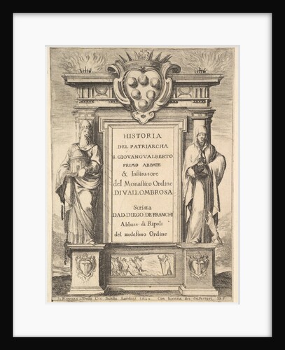 Frontispiece: a monument decorated with the Medici coat of arms at top in center, flames a…, 1640 by Stefano della Bella