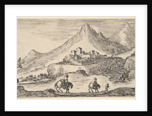 Two horseman descend a hill in center, following another man on foot, a castle in the …, ca. 1641 by Stefano della Bella