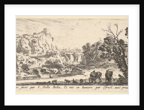 A waterfall descending from the mountains in the center background, various animals an…, ca. 1641 by Stefano della Bella