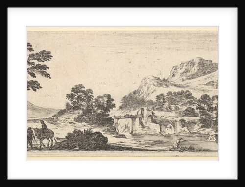 A mule carrying a woman and a peasant walking with a mule to left, a fisherman to righ…, ca. 1641 by Stefano della Bella