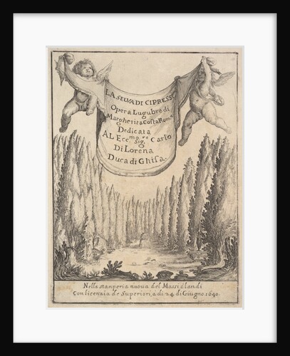 Frontispiece for 'The Cypress Forest': two putti hold a tapestry in…, 1640 by Stefano della Bella