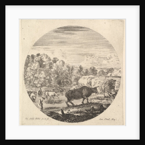Two cows in center, followed by two peasant women and other cows in the river to le…, ca. 1643-48 by Stefano della Bella