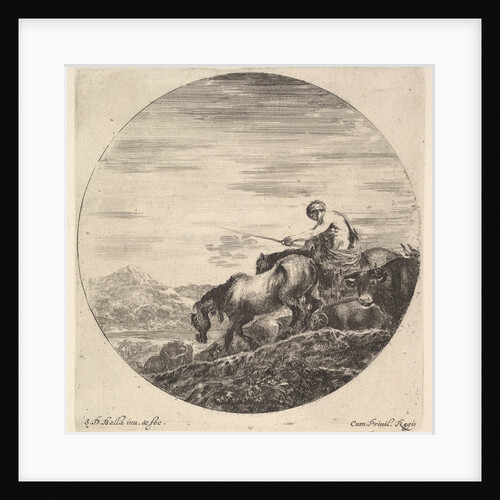A shepherd at right, facing left, driving a group of animals downhill, a round comp…, ca. 1643-48 by Stefano della Bella