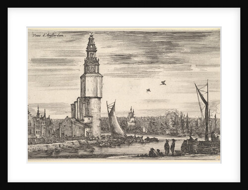 View of Amsterdam, a tower and houses to left, men standing on the pier …, 1647 by Stefano della Bella