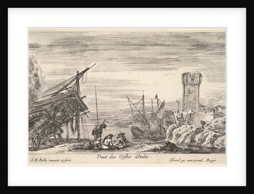 View of the coast of Italy, the bow of a ship resting to left…, 1647 by Stefano della Bella