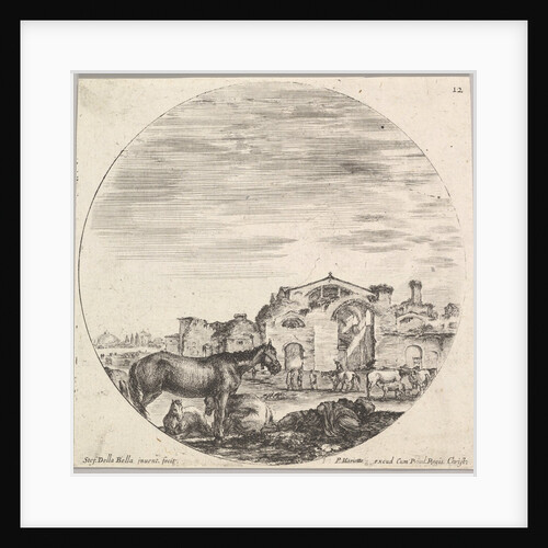 Plate 12: a shepherd sleeping on the ground to right, three horses to left, other h…, ca. 1643-48 by Stefano della Bella