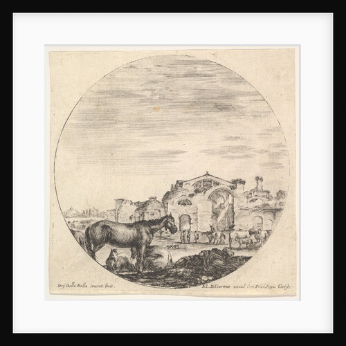 Plate 12: a shepherd sleeping on the ground to right, three horses to left, other h…, ca. 1643-48 by Stefano della Bella