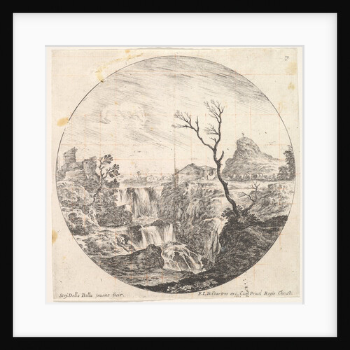 Plate 7: a triple waterfall, a dead tree to right, a mountain and a herd of cows to…, ca. 1643-48 by Stefano della Bella