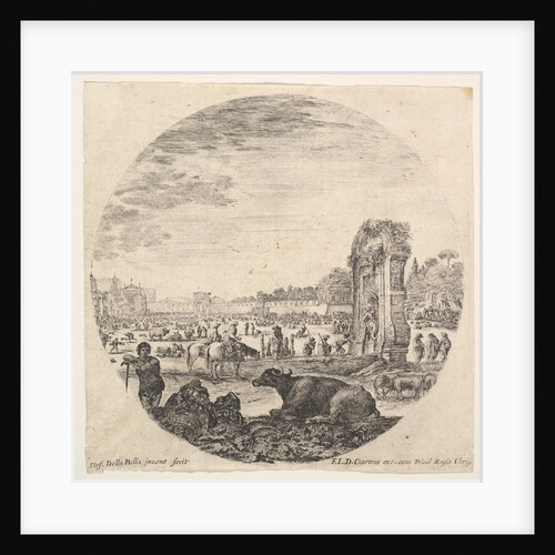 Plate 2: Campo Vaccino, a buffalo and two shepherds in center, the Fontanone to rig…, ca. 1643-48 by Stefano della Bella