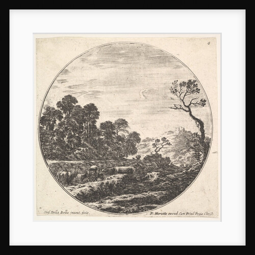 Plate 6: cows crossing a valley to left, a group of trees to left, a horseman and o…, ca. 1643-48 by Stefano della Bella
