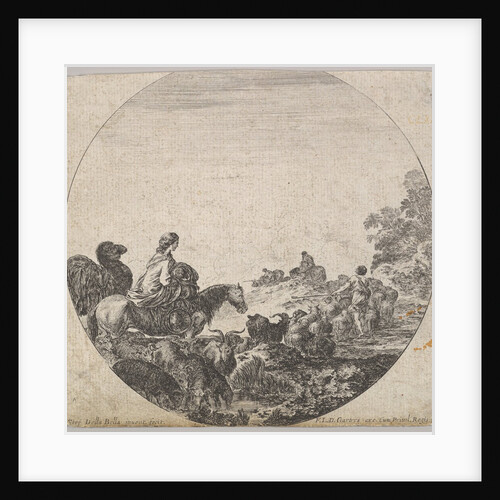 Plate 5: a woman carrying a child on a horse to left, a camel following her, a herd…, ca. 1643-48 by Stefano della Bella