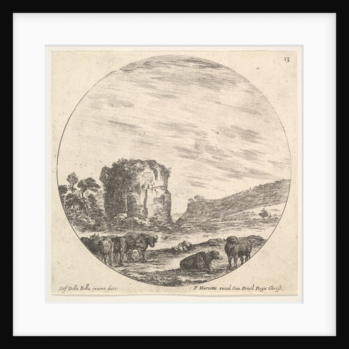 Plate 13: ruins of an ancient temple in the background, a herd of cows in the foreg…, ca. 1643-48 by Stefano della Bella